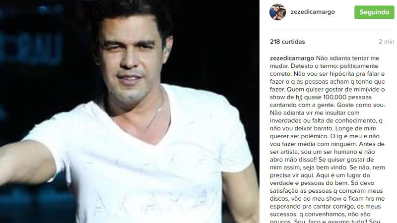 Zezé Di Camargo publica textão no Instagram e desabafa - Foto: Reprodução/ Instagram