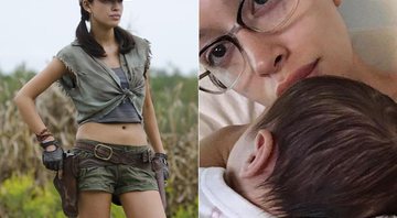 A atriz Christian Serratos como Rosita, na série The Walking Dead, e com a filha recém-nascida - Foto: Divulgação e Reprodução/ Instagram