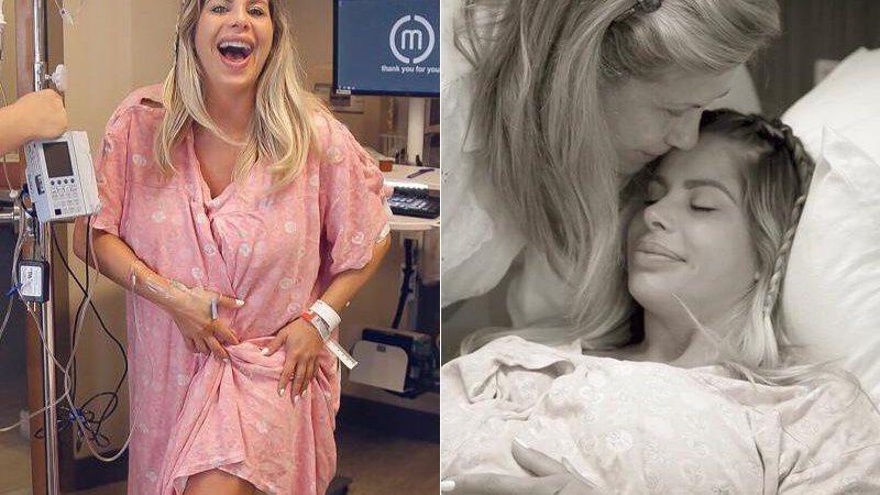Karina Bacchi na maternidade, e recebendo o carinho da mãe, momentos antes de dar à luz - Foto: Reprodução/ Instagram